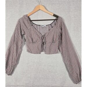 Maison d'Amelie Pink Geometric Tie Front Balloon Sleeve Crop Top XS